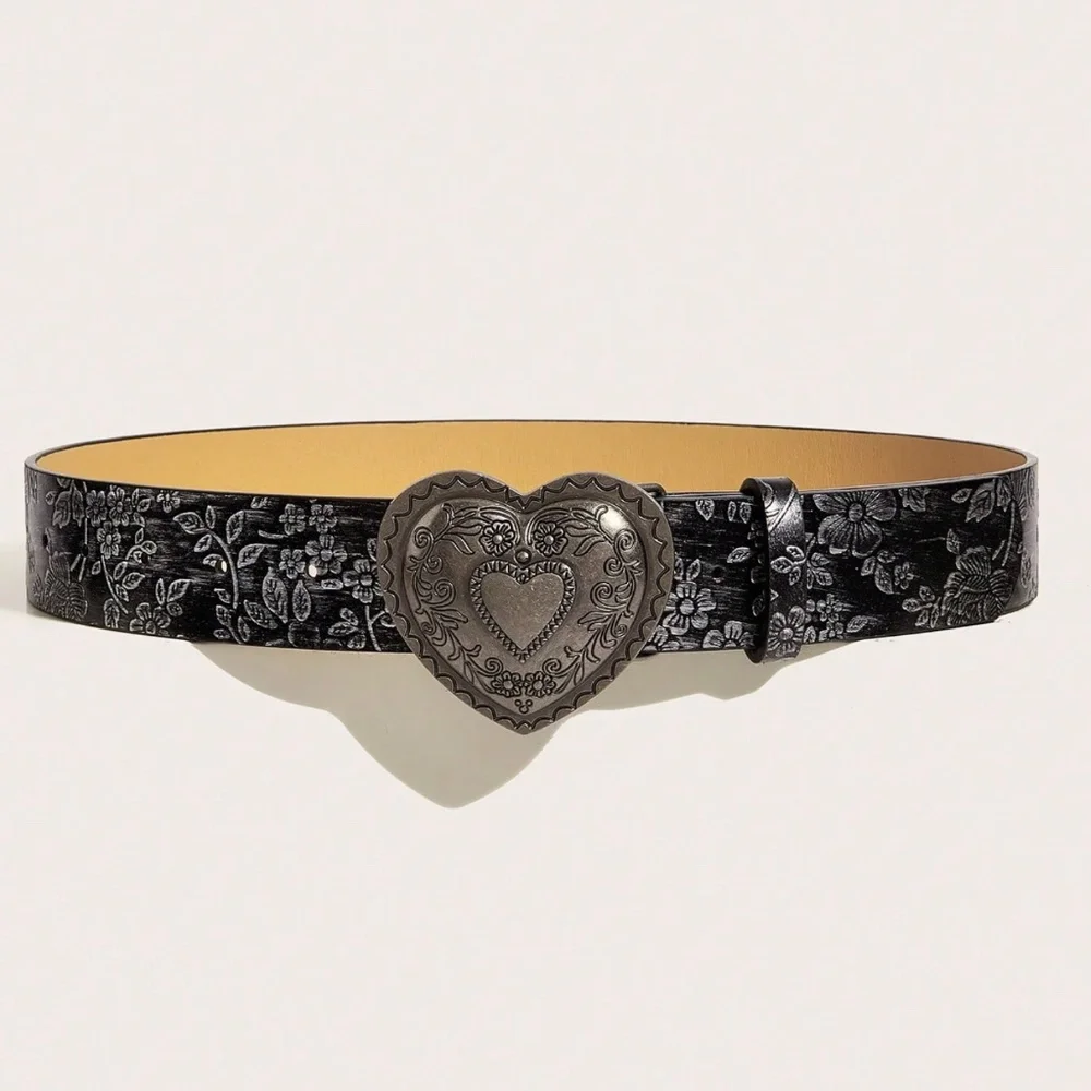 Western Floral Embossed Heart Statement Buckle Vegan Leather Wide Belt